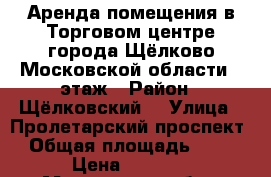 Аренда помещения в Торговом центре города Щёлково Московской области,1 этаж › Район ­ Щёлковский  › Улица ­ Пролетарский проспект › Общая площадь ­ 95 › Цена ­ 1 600 - Московская обл., Щелковский р-н, Щелково г. Недвижимость » Помещения аренда   